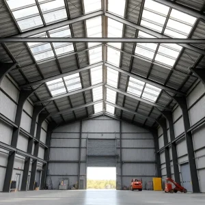 A modern industrial building with skylights and clear height
