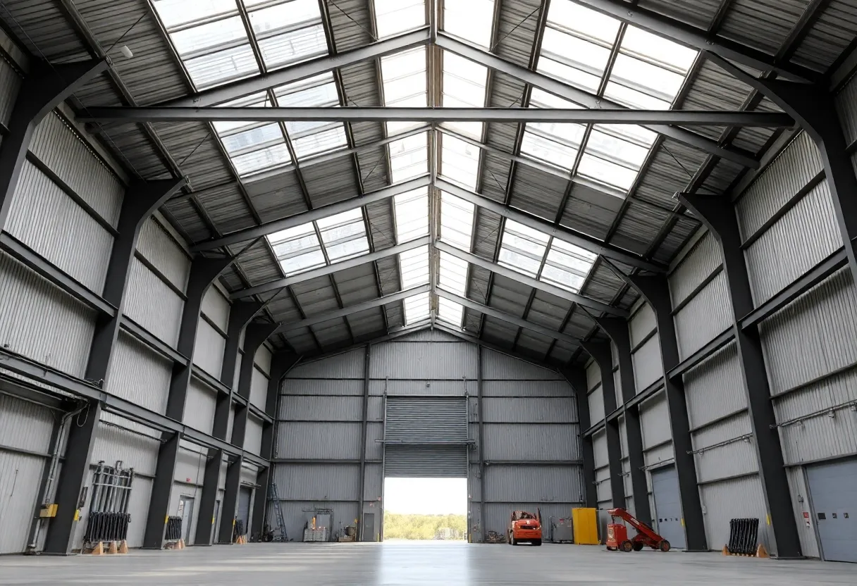 A modern industrial building with skylights and clear height