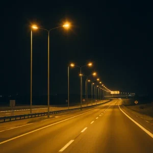 Night scene of U.S. Highway with streetlights