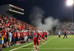 Football players in action during the Greenwood Eagles vs. Hillcrest Rams game.