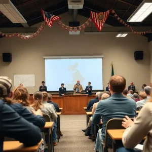 Audience attending a lecture on Revolutionary War history