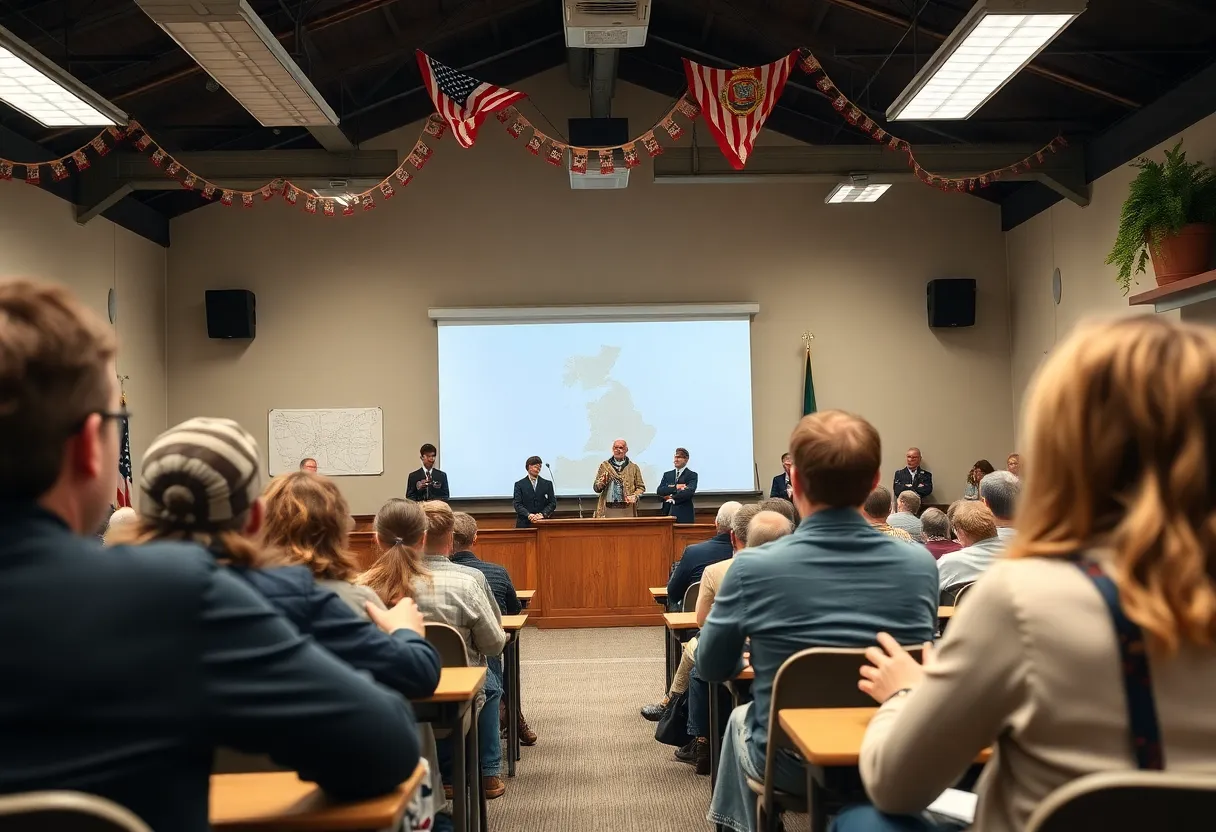 Audience attending a lecture on Revolutionary War history