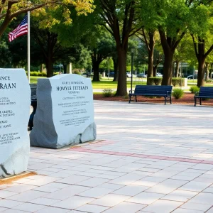 Greenwood Veterans Memorial Plaza with commemorative stones.