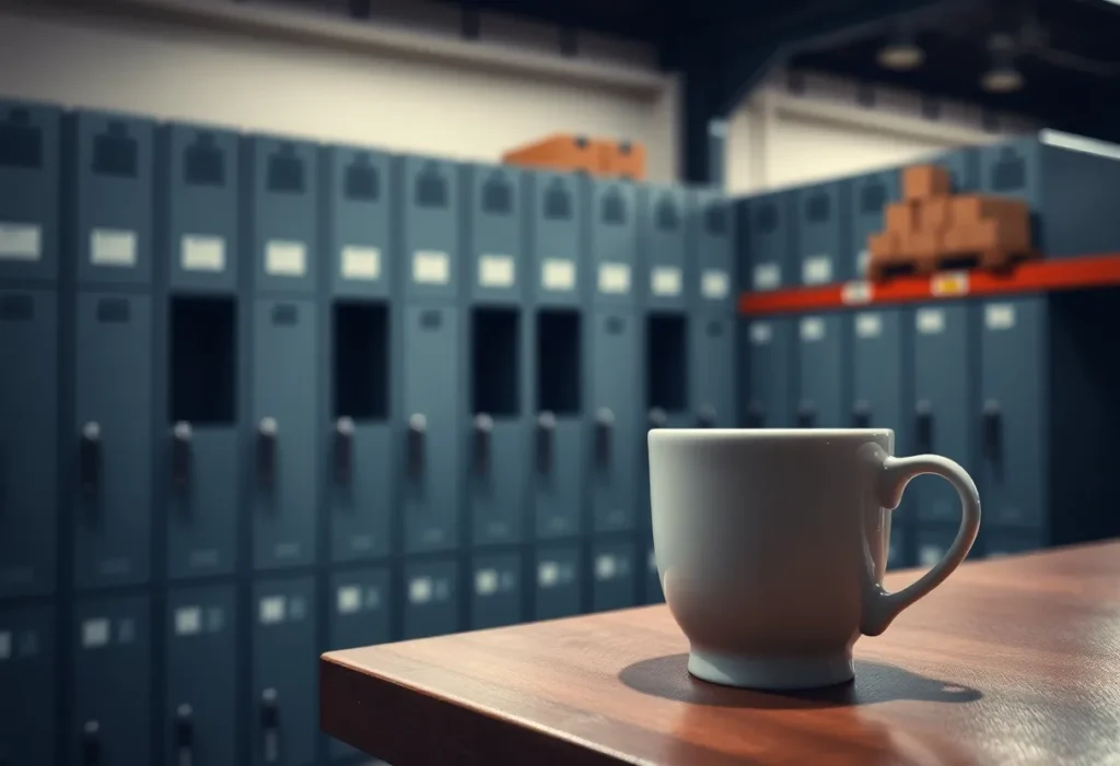 Cup of hot chocolate in a warehouse locker representing a harassment incident.