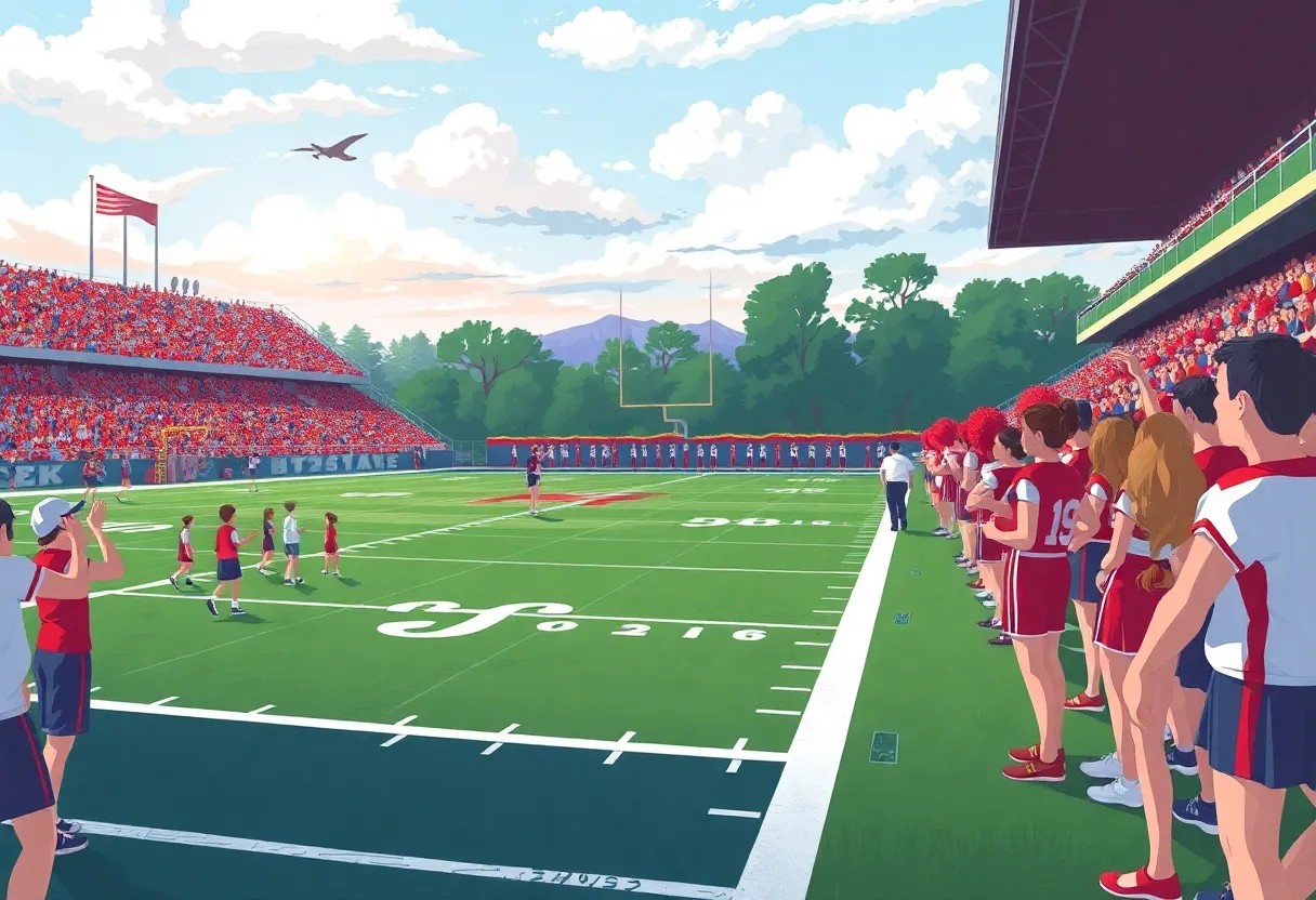 High school football game atmosphere with fans and players