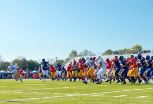 A high school football game in action on a sunny day
