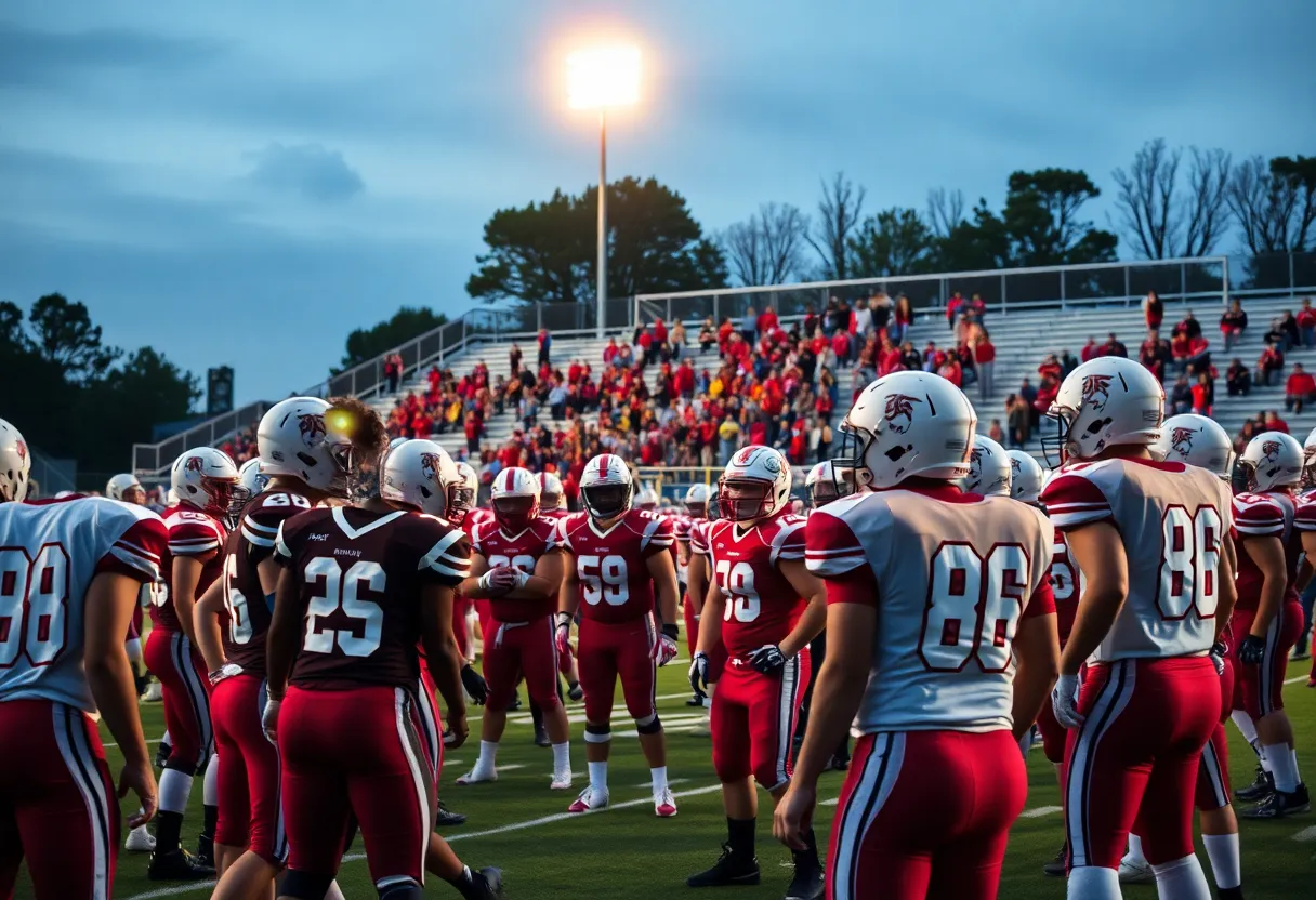 High school football players on the field during a game