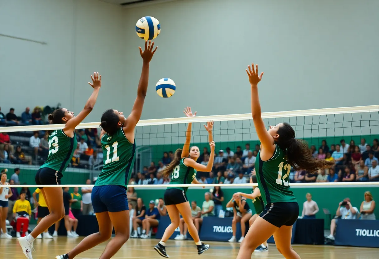 Players from Hillcrest and Greenwood volleyball teams competing during a match