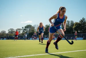 IUP field hockey players competing against Lander University