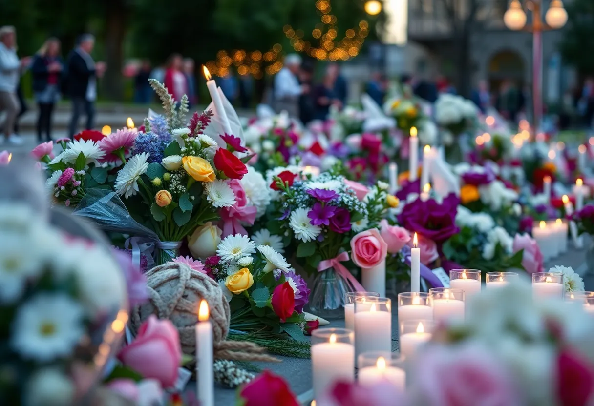 Community members gather for Jerry Wayne Fuller's memorial service with flowers and candles.