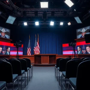 A late-night talk show studio demonstrating the effects of political commentary on media.