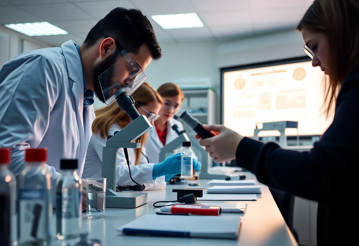 Students in a forensic science lab engaging in evidence analysis.