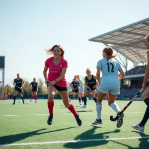 Lander University field hockey players competing in a match