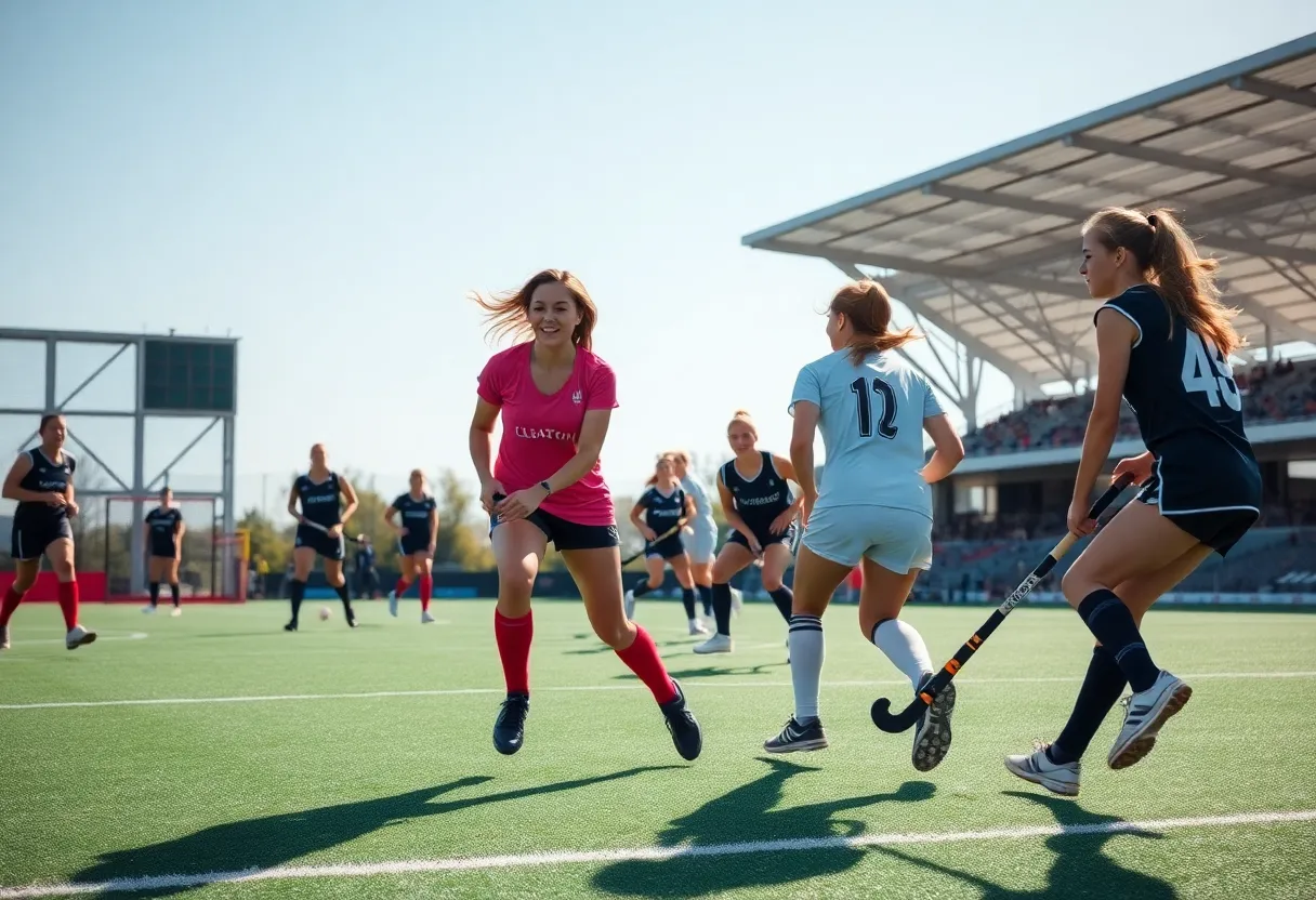 Lander University field hockey players competing in a match