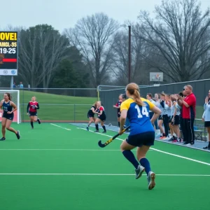 Lander University field hockey team celebrating victory after overtime match