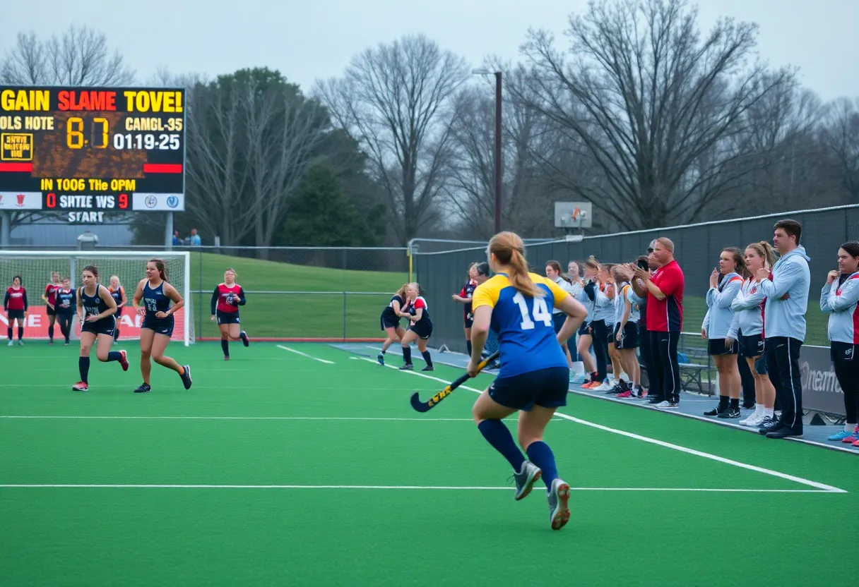 Lander University field hockey team celebrating victory after overtime match