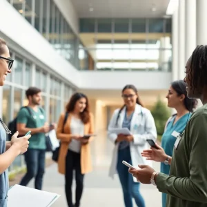 Students engaged in health sciences on a college campus