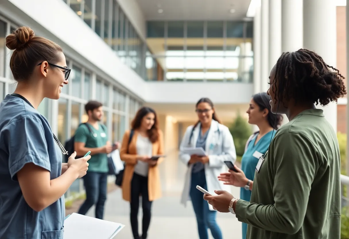 Students engaged in health sciences on a college campus