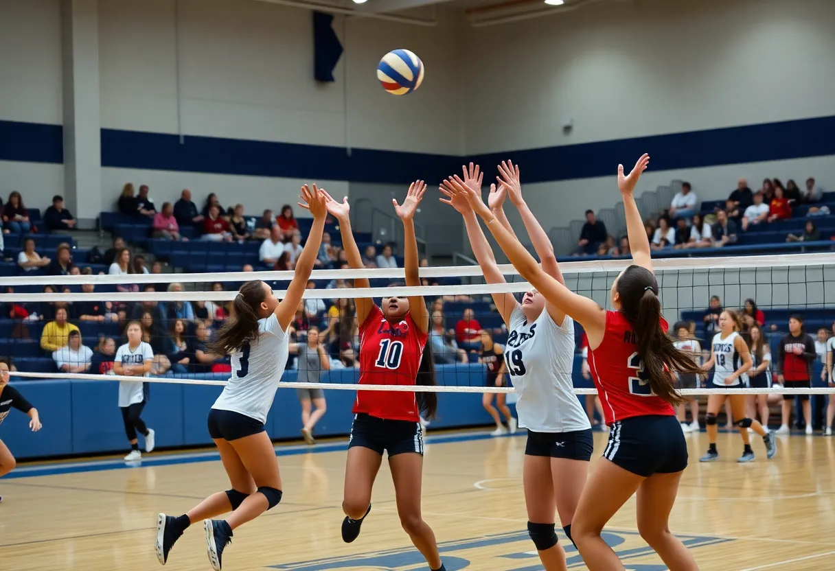 High school volleyball players in action during a match