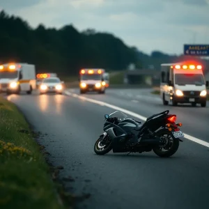 Scene of a motorcycle accident on a highway.