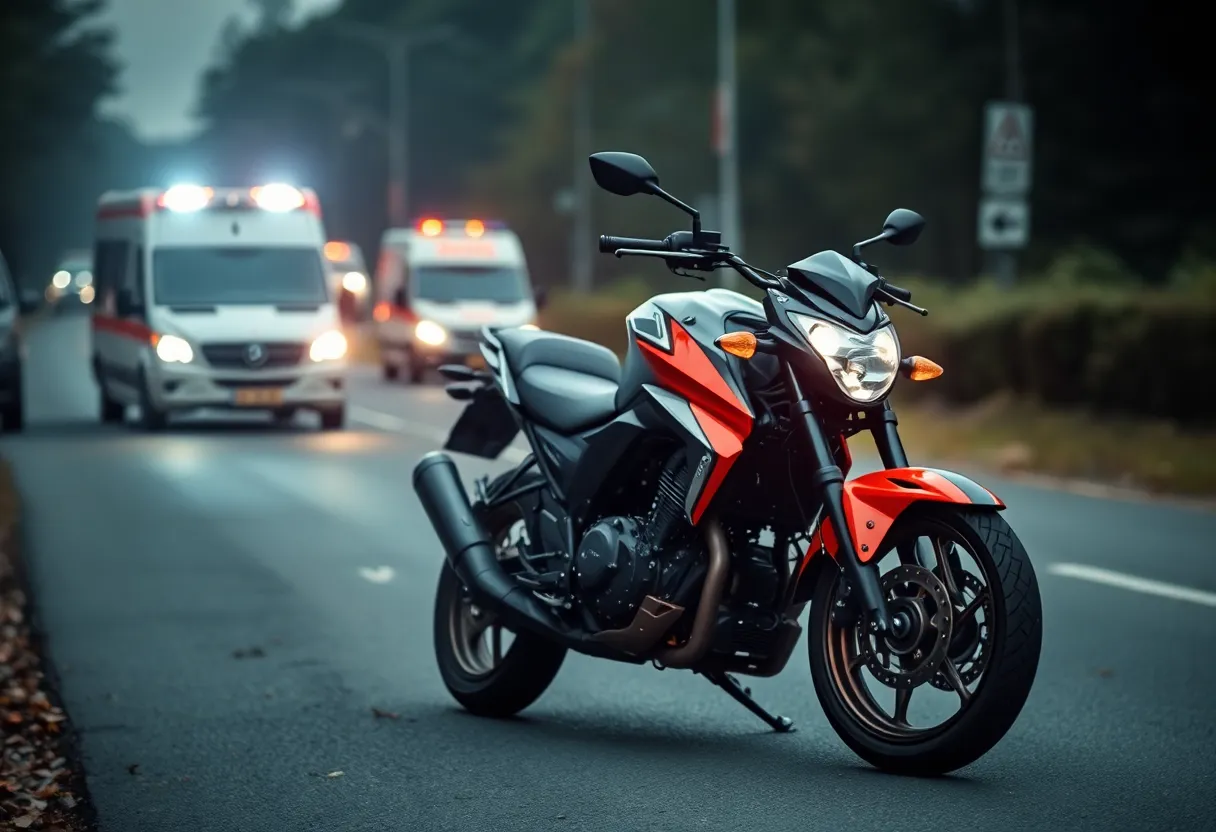 Scene of a motorcycle accident with emergency response vehicles