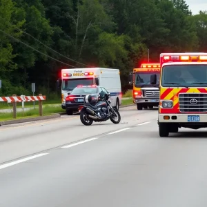 Scene of a motorcycle accident with emergency responders present.