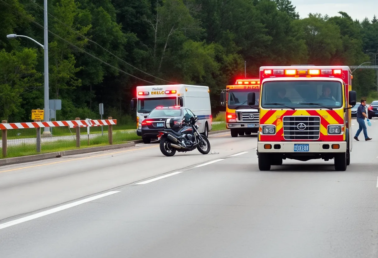 Scene of a motorcycle accident with emergency responders present.