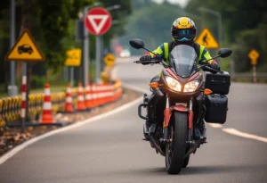 Image promoting motorcycle safety with a motorcycle and safety gear