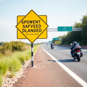 Highway with safety signs promoting motorcycle safety