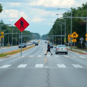 Pedestrian crossing sign on a busy South Carolina road