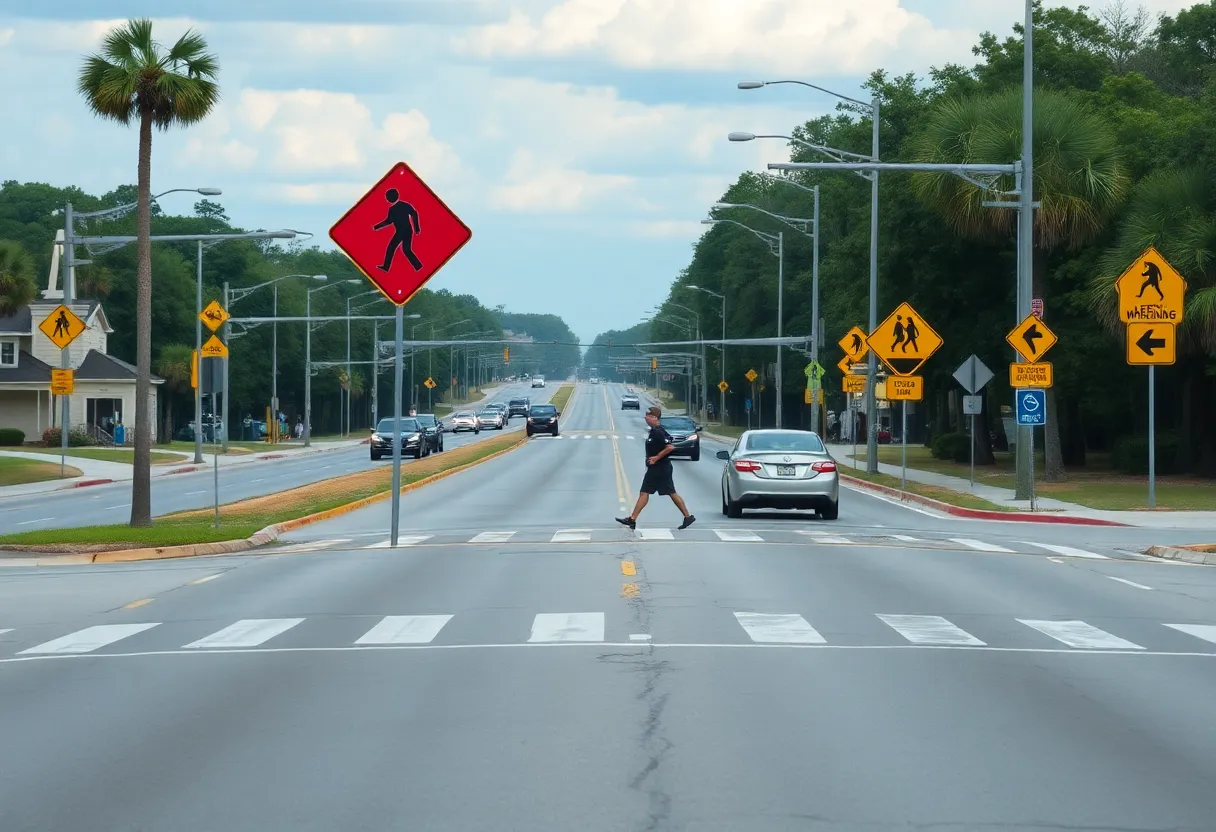 Pedestrian crossing sign on a busy South Carolina road