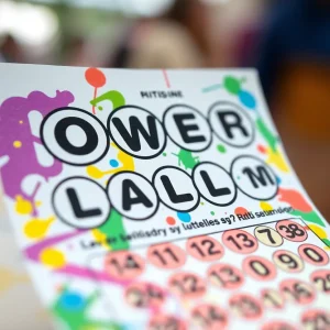 A vibrant Powerball lottery ticket surrounded by symbols of luck
