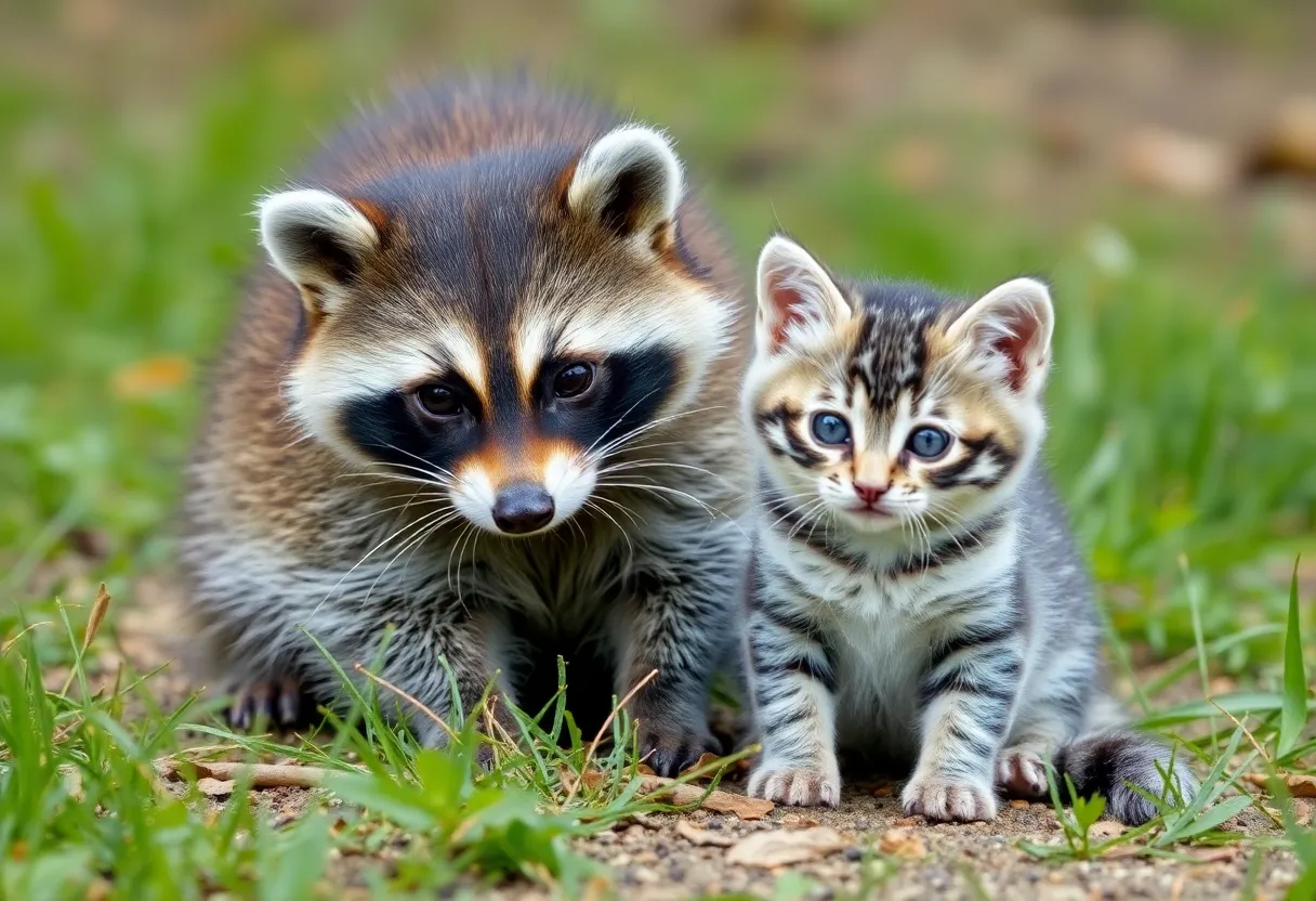 Raccoon and kitten in a natural environment representing rabies awareness