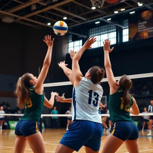 Volleyball players from Riverside in action during a match.