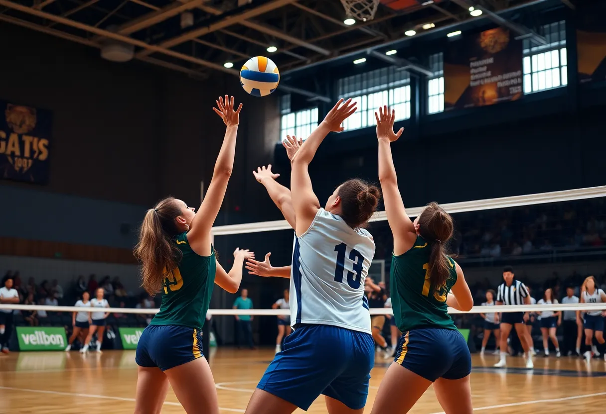 Volleyball players from Riverside in action during a match.