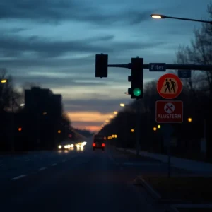 A dimly lit road with pedestrian safety signs
