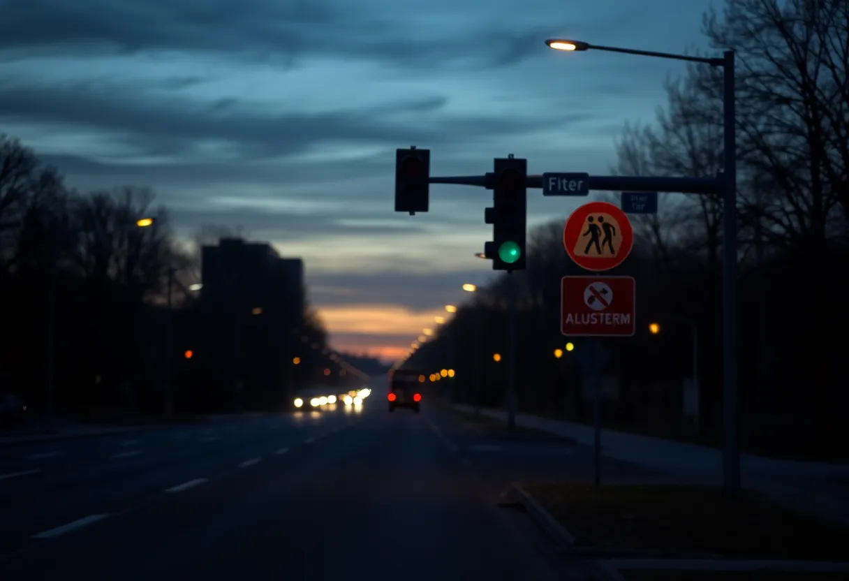A dimly lit road with pedestrian safety signs