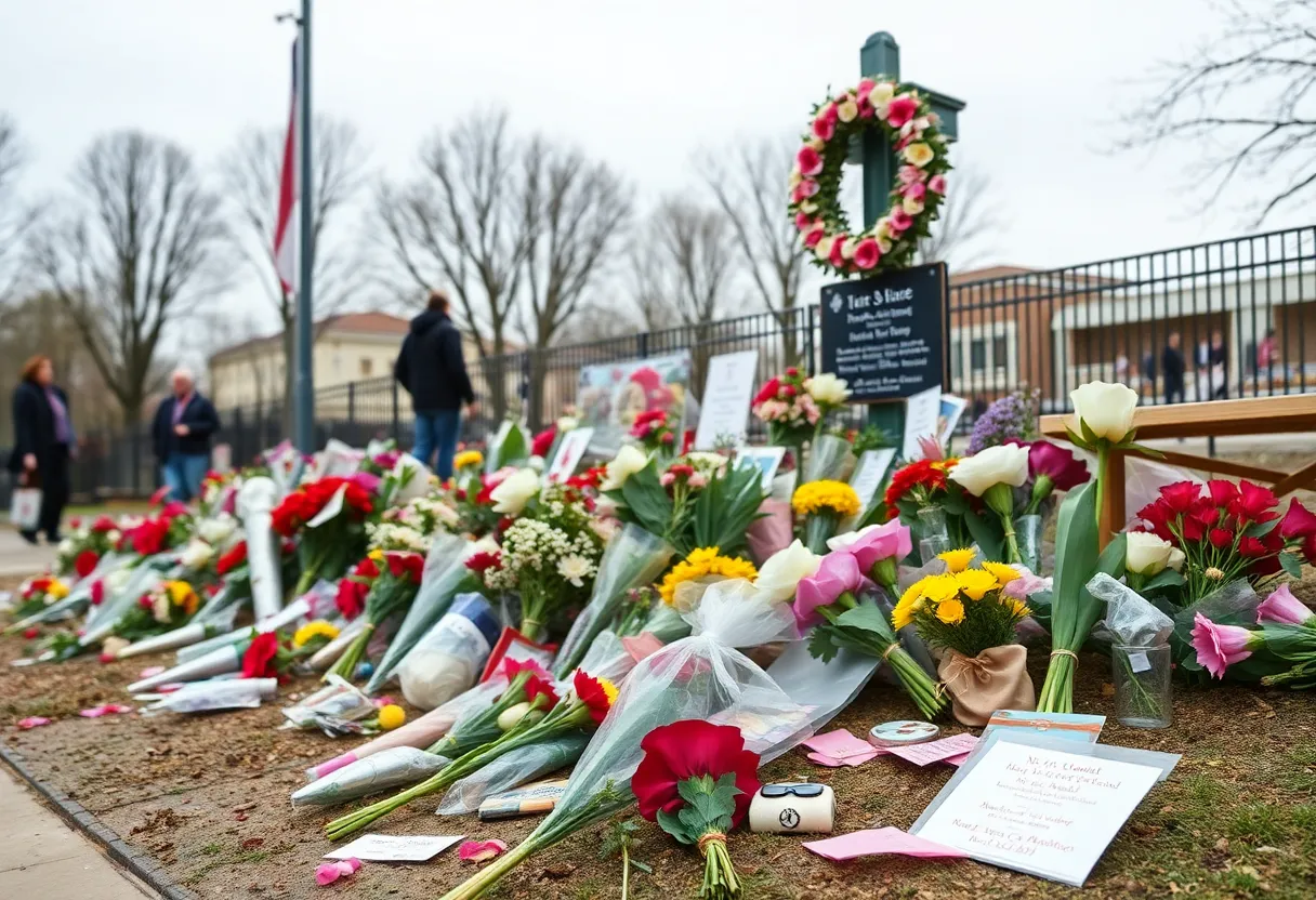 A peaceful memorial site with flowers dedicated to Robert B. Allen.