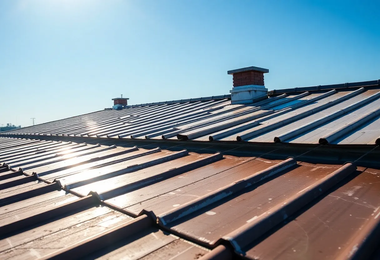 Different types of roof coatings applied on a roof under sunlight.