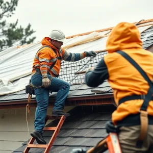 Contractor replacing roof in the rain with protective measures.