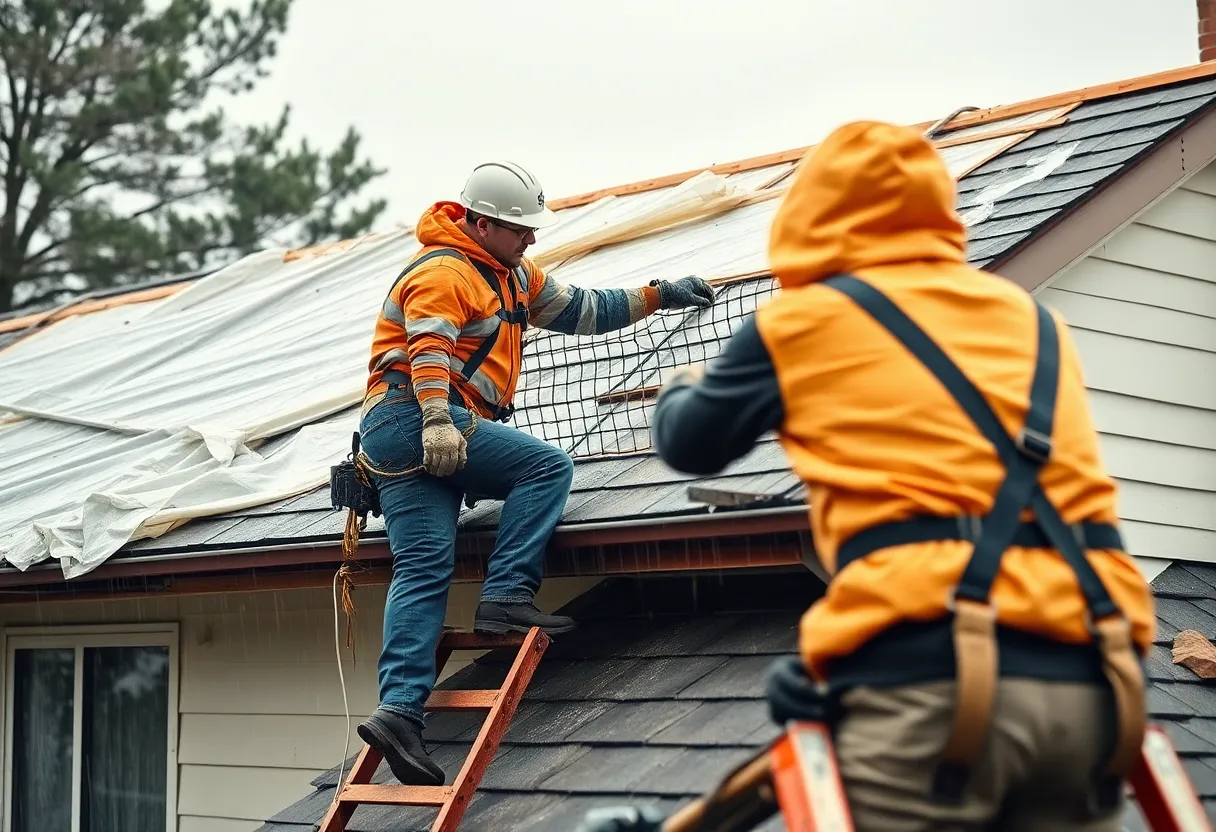 Contractor replacing roof in the rain with protective measures.