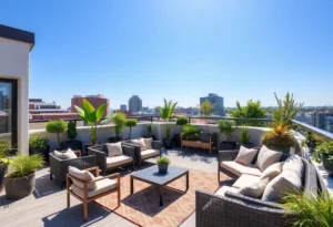 Rooftop living space with modern furniture and plants