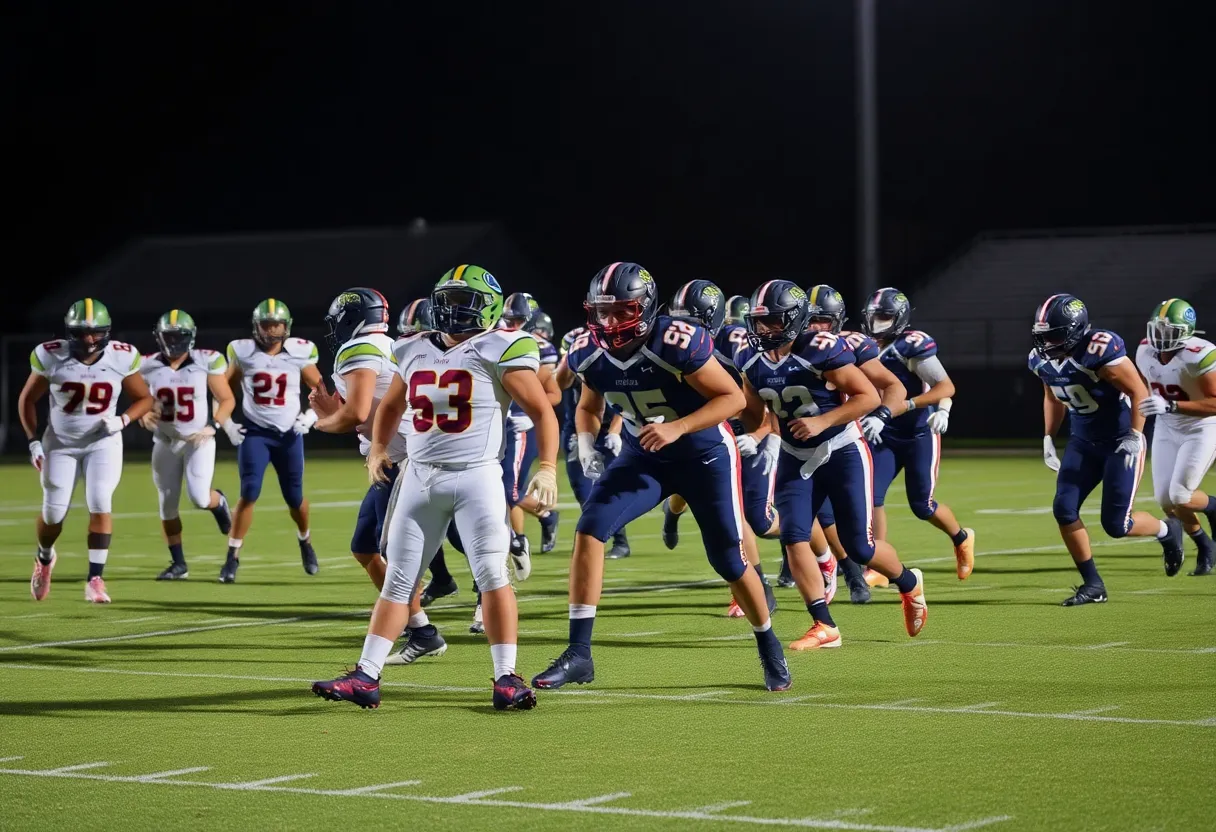 High school football teams playing a competitive match under stadium lights