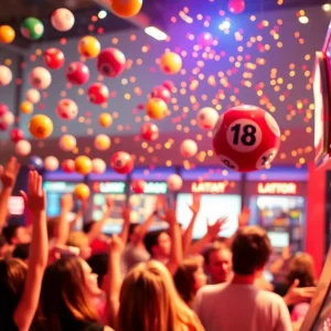 Colorful lottery balls and a shiny jackpot sign