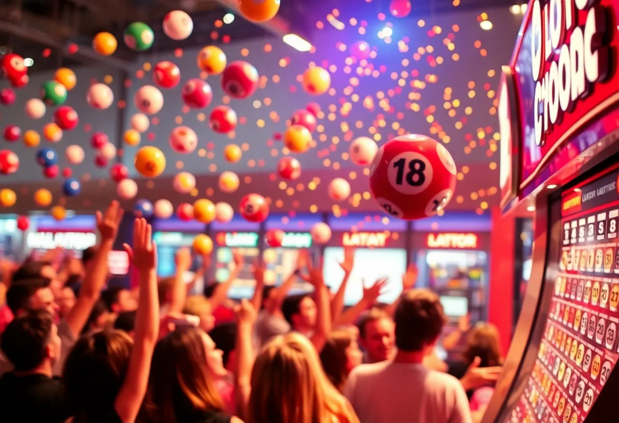 Colorful lottery balls and a shiny jackpot sign