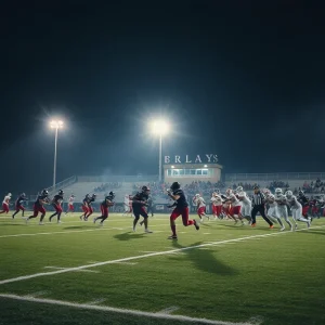 Players in action on a football field during a high school game