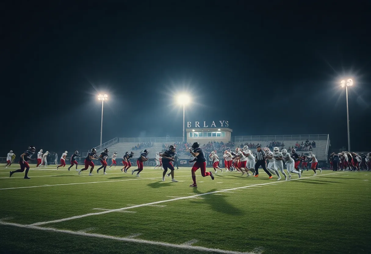 Players in action on a football field during a high school game