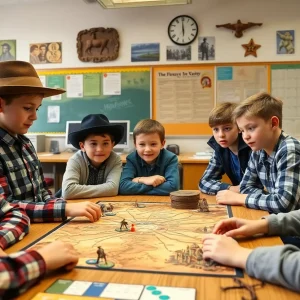 Students participating in an interactive history game in a classroom.