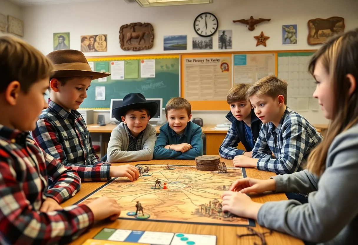 Students participating in an interactive history game in a classroom.