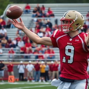 Quarterback throwing a pass during a high school football game